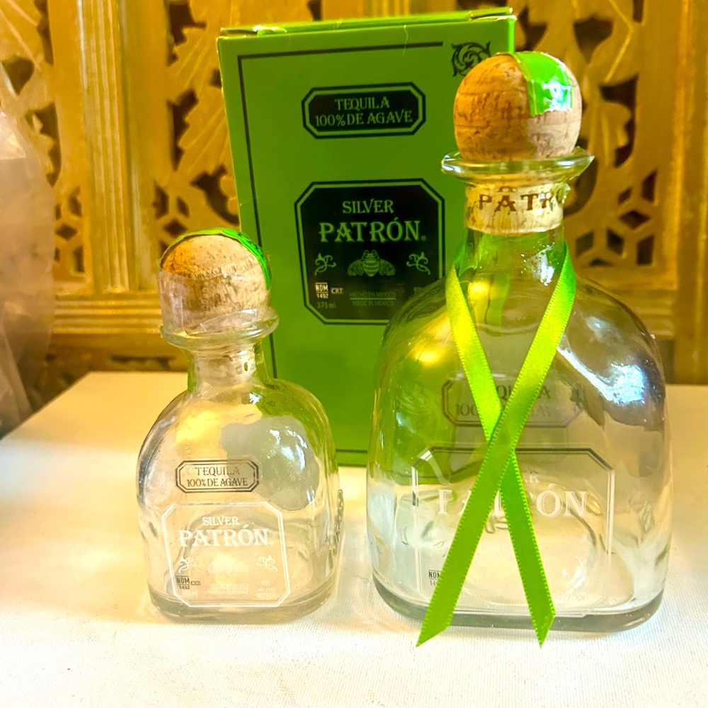 Patron Tequila Empty Bottle 375 ml, 100 ml, and a green box 375 ml, Lot of 3